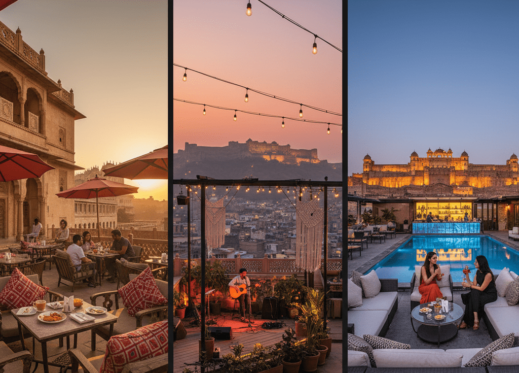 Vibrant rooftop lounge view with a composite of sunset and night ambiance, featuring string lights, stylish outdoor seating, and warm lighting for evening events.